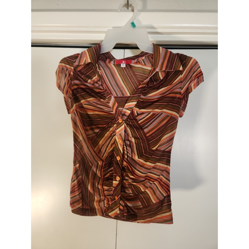 Xi Womens Blouse Brown Patterned Button Up Y2k VTG SMALL